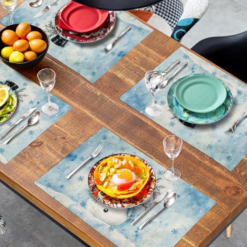 Blue Snowman Snowflake Winter Placemats Set of 4 Seasonal Christmas Linen Table Mats 12x18 Inch Xmas Holiday Snow Farmhouse Rustic Washable Place Mats for Party Kitchen Dining Outdoor Indoor Decor (4 Count)