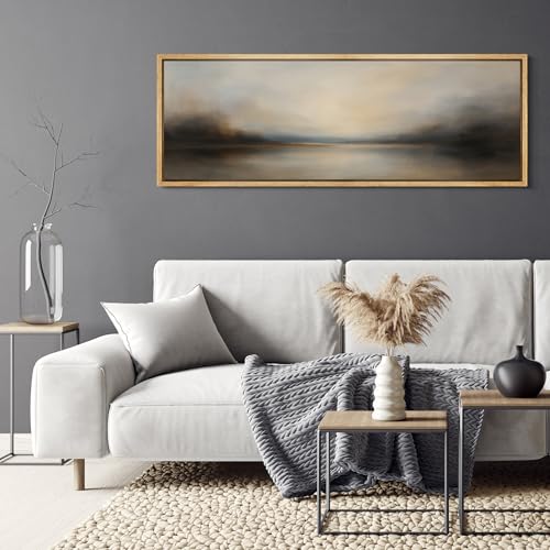 Large Framed Canvas Print Wall Art Abstract Landscape Neutral Tones Misty Horizon Illustrations Decorative Colorful for Bedroom
