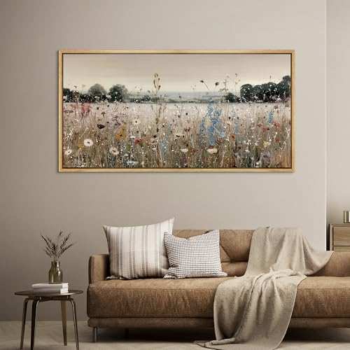 Extra Large Framed Canvas Print Wall Art Wildflower Meadow Landscape Blooming Field Illustrations Fine Art Illustrations Decorative Colorful for Bedroom