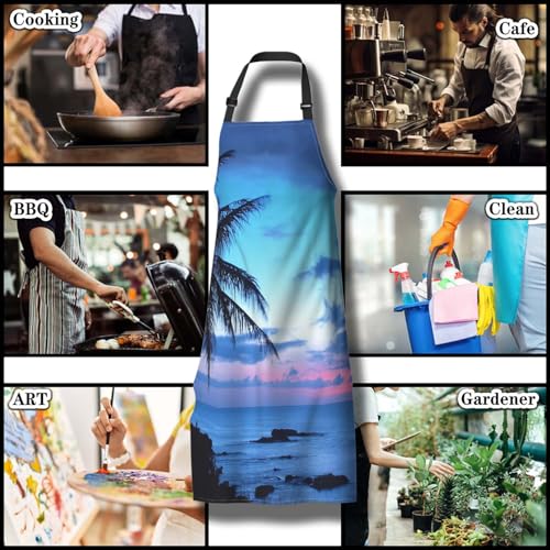 Kitchen Aprons for Men Hawaii Beach Blue Sunset Apron for Women for Cooking Restaurant BBQ Painting Crafting Gardening 27”