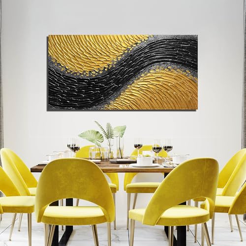 Abstract 3D Hand Painted Wall Art for Office Black and Gold Canvas Wall Art for Bedroom Modern Wall Decor for Living Room Size 24 x 47 Inch