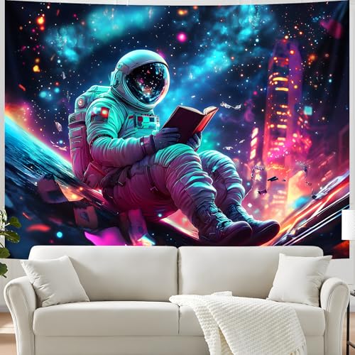 Blacklight Space Astronaut Tapestry UV Reactive Galaxy Planet Glow in Dark Tapestries Black Light Poster Neon Wall Hanging Art for bedroom Living Room