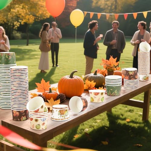 120Pcs Fall Ice Cream Cups 12 oz Disposable Autumn Pumpkin Maple Leaves Paper Dessert Snack Soup Bowls Fall Green Orange Yogurt Cup Container for Hot or Cold Food Thanksgiving Harvest Party Supplies (120 Count)