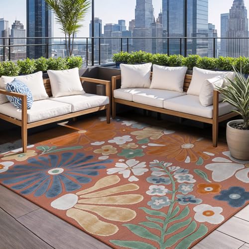 Outdoor Rug 8x10 Modern Floral Tropical Area Rugs for Outdoor and Indoor Patio Easy to Clean Non Shedding Living Room Porch Garden Washable Outside Carpet (80 Sq Ft)
