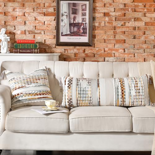 Chenille Striped Textured Boho Throw Pillow Covers Aesthetic with Tassels Woven Decorative Pillow Case for Couch Bed Sofa Bedroom Modern Funky 18 x 18