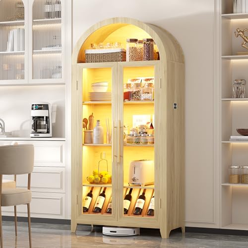 71" Arched Kitchen Pantry Storage Cabinet with Glass Doors