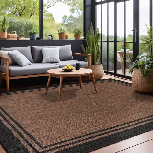 Bordered Outdoor Rug 5x7 Washable Outside Carpet for Indoor Patio Porch Waterproof Easy Cleaning Non Shedding Area Rugs Nut Brown 5 x 7