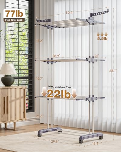 Clothes Drying Rack Folding with Wheels Drying Rack Clothing Clothes Horses Rack Stainless Steel Laundry Drying Rack with Two Side Wings 4 Tier Grey