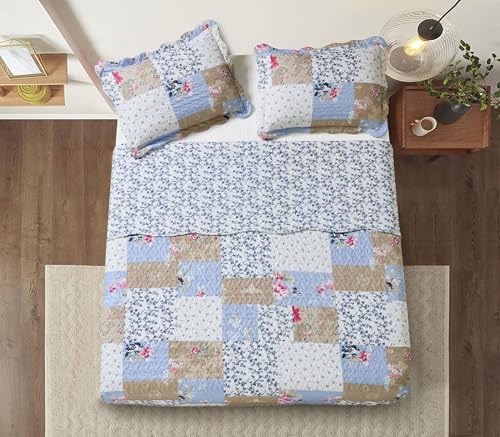Pink Rose & Beige Toile Patchwork Quilt Set