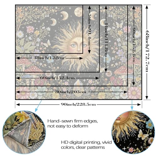 Boho Sun and Moon Tapestry Hippie Mushroom Floral Wall Tapestry for Bedroom Aesthetic Moon Phase Vintage Plant Celestial Large Tapestries Wall Hanging for Living Room Dorm 80 x 60 Inch