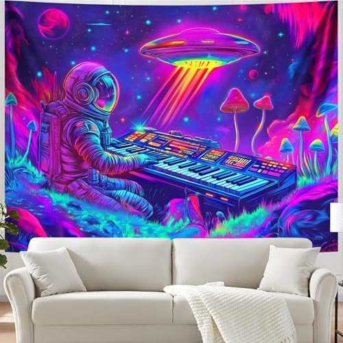 Blacklight Space Astronaut Tapestry UV Reactive Galaxy Planet Glow in Dark Tapestries Black Light Poster Neon Wall Hanging Art for bedroom Living Room