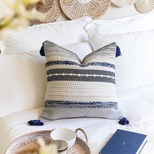 Navy Dark Blue Boho Throw Pillow Cover 22x22 Grey Decorative Accent Pillow for Couch Square Woven Textured Pillowcase Modern Boho Pillow for Bed