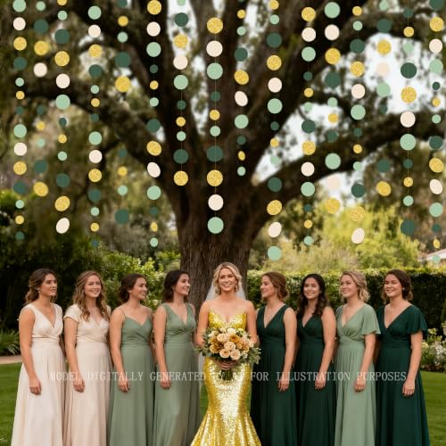 Sage Green Gold Beige Party Polka Dot Garlands Oilve Green Glitter Gold Hanging Paper Circle Dots Streamer for Birthday Wedding Shower Engagement Retirement Boho Safari Party Decorations Supplies