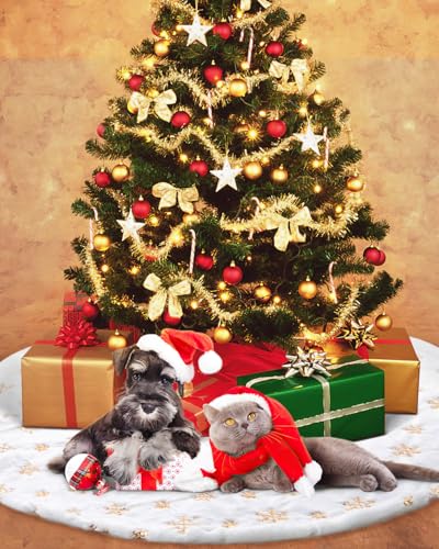 48 Inches Faux Fur Christmas Tree Skirt for Xmas Tree Holiday Party Decoration White Plush Gold Sequin Snowflake