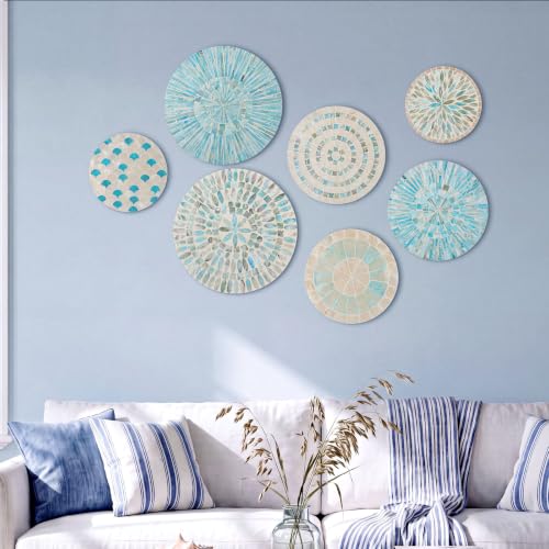 7 Pcs Blue Mother of Pearl Shell Plate Coastal Wall Art Mosaic Wall Sculpture Shell Handmade Hanging Plates Arts for Christmas Bedroom Bathroom Home Office Hotel (7 Count)