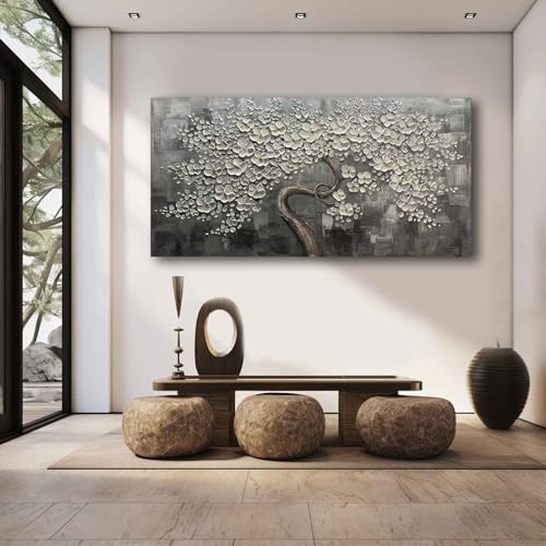 Flower Tree Wall Art Painting for Living Room White Botanical Picture for Bedroom Office Kitchen Home Decor Wall 30x60 Inches