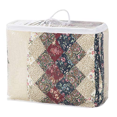 Floral Patchwork Quilt Set Queen Size Authentic Embroidered Stitching Bedspread Coverlet 100% Cotton Beige French Country Reversible Bed Cover Set Soft Breathable Cotton Comforter Cover (3 Piece Set)