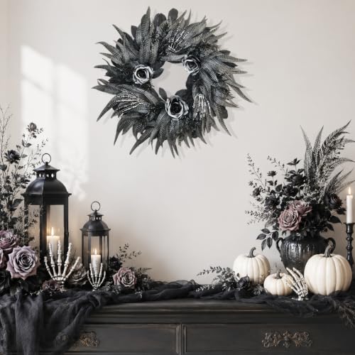24 Inch Black and Silver Rose Halloween Wreath with 3 Skeleton Hands