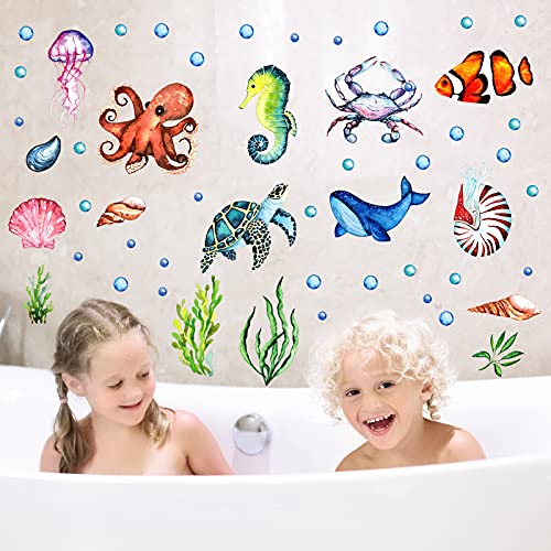 52 Pcs Ocean Fish Wall Decals Glow in The Dark Under The Sea Wall Decals Sea Life Animals Stickers Removable Waterproof Peel and Stick Decal for Girl Boy Kids Bedroom Nursery Bathroom (4 Count)
