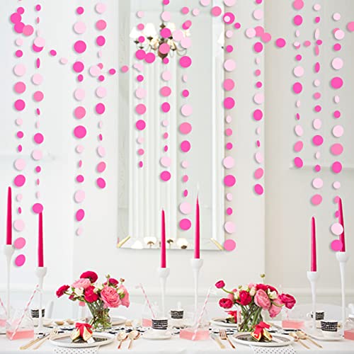 Hot Pink Party Decorations Circle Dots Garland Rose Pink White Hanging Paper Polka Dots Streamer for Birthday Bachelorette Engagement Wedding Bridal Shower Anniversary Party Supplies