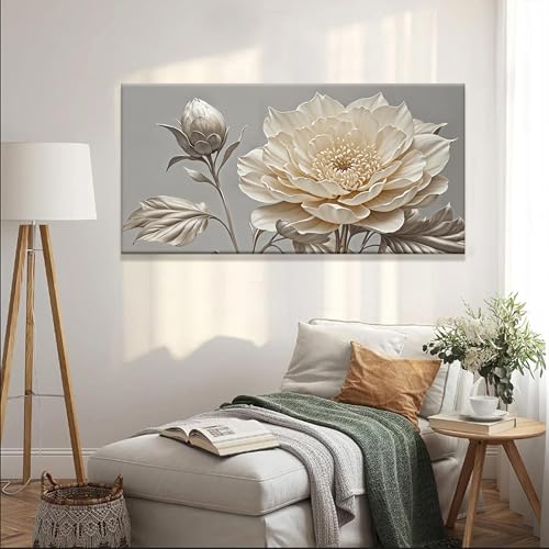 White Wall Art For Living Room Silver White Flower Wall Art Print Modern Canvas Art Wall Decor Home Decor Suitable Pictures For Bedroom Apartment Office Can Be Hung 24" X 48"