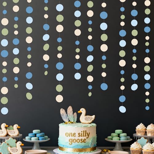 Dusty Blue and Sage Green Beige Polka Dot Garland Olive Green Dusty Blue Cream Nude Hanging Paper Circle Dots Streamer for Birthday Wedding Shower Silly Goose Theme Party Decorations Supplies