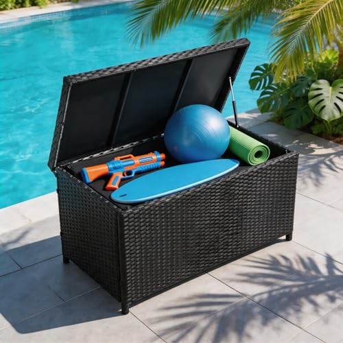 Sundale 70 Gallon Black Rattan Deck Storage Box with Hinged Lid