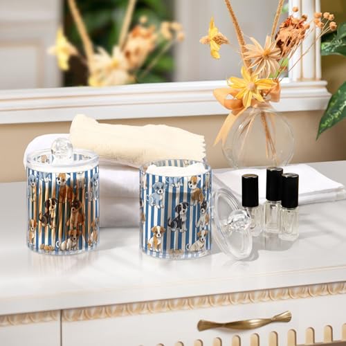 2 Pack Qtip Holder Organizer Dispenser Cute Puppies Blue White Stripes Bathroom Storage Canister Cotton Ball Holder Container for Cotton Pads (2 Count)