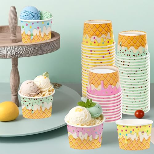 Greencian 120Pcs Summer Ice Cream Cups 12oz 4 Colors for Hot or Cold Food (12 Count)