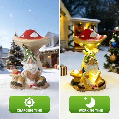 Solar Garden Outdoor Statues Gnome Reading Under Mushroom with 5 LED Lawn Decor Outside Decorations for Patio
