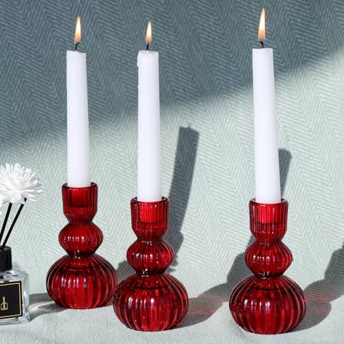 3pcs Red Taper Candle Holders Glass (3 Count)