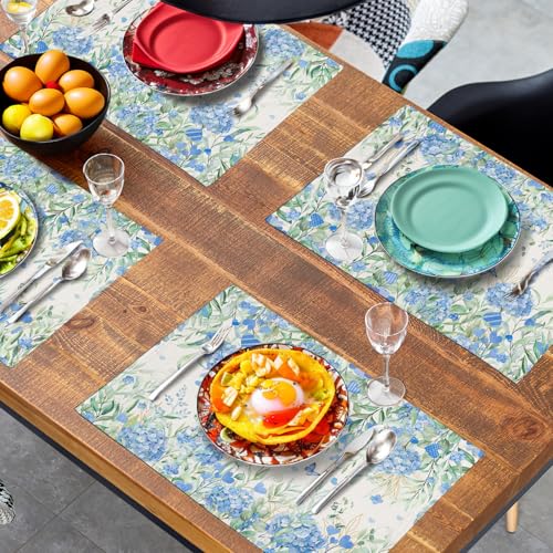 Hydrangea Spring Summer Placemats Set of 4 Sage Green Eucalyptus Leaves Blue Floral Butterfly Placemat 12x18 Inch Seasonal Holiday Table Place Mats for Farmhouse Kitchen Dining Decor (4 Count)