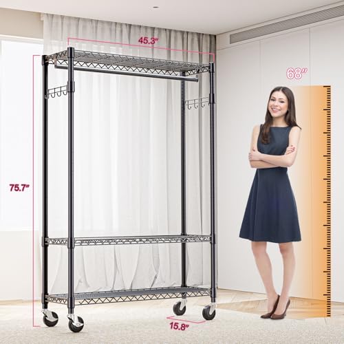 Heavy Duty Rolling Garment Rack 3 Tiers Adjustable Wire Shelving Clothes Rack with 1 Rods and Side Hooks