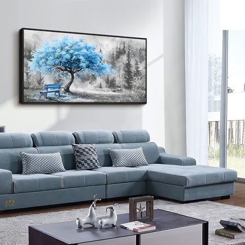Black Framed Canvas Wall Art For Living Room Large Wall Decor For Office Bedroom Decorations Blue Tree Landscape Pictures Black And White Paintings Artwork Aesthetic Home Decor 30x60 In