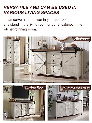 60 Inch Farmhouse Dresser with 4 Drawers and Sliding Barn Doors