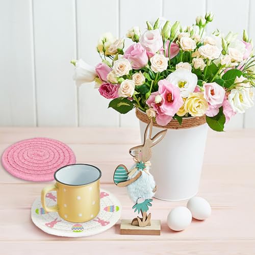 4Pcs Easter Coasters Bunny Rabbit Egg Handmade Braided Cotton Drink Coasters Pink White Absorbent Anti Slip Round Tabletop Protection for Home Office Spring Party Tableware Decor Gift (4 Count)