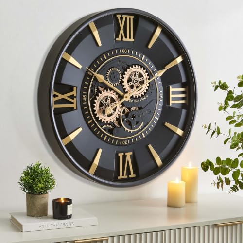 Mid Century Modern Black Gold 24 Inch Wall Clock with Moving Gears