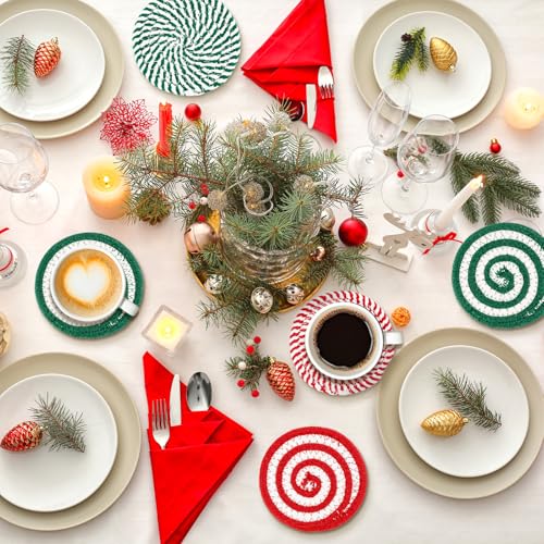 Christmas Cotton Coasters Red Green Peppermint Candy Handmade Braided Drink Coasters Absorbent Cup Mats for Xmas Holiday Party Home Table Decor (4 Count)