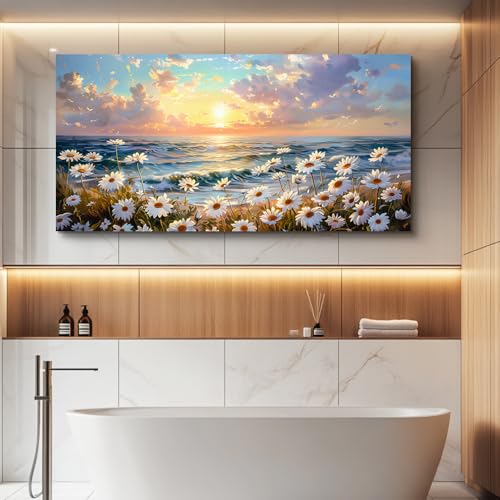 Large Wall Decor Canvas Painting Wall Art For Living Room Dining Room Bedroom Landscape Decor White Flowers Beach with waves Painting Print Artwork Picture Home Decor Aesthetics 24x48 In