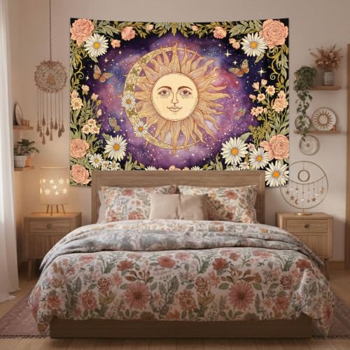 Vintage Sun and Moon Boho Hippie Purple Floral Tapestry 80 x 60 Inch
