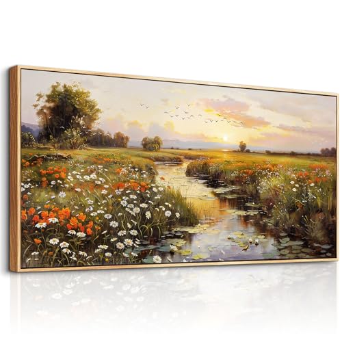Canvas Wall Art For Living Room Wall Decor For Bedroom Watercolour Painting Office Decoration Countryside Sunrise Scenery Wall Picture Printing Artwork Home Decor Wood Framed 24x48 In