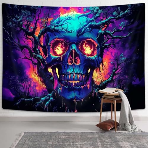 Blacklight Fire Skull Tapestry for Bedroom