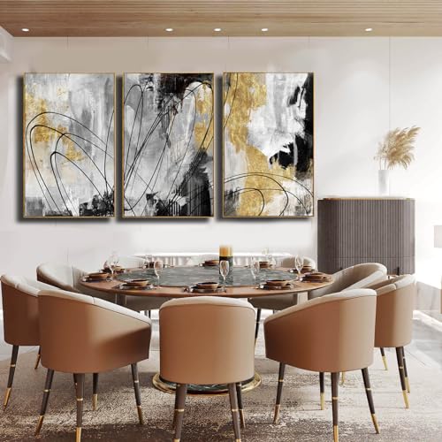 Gold Wall Art Abstract Wall Art Living Room Decor Black and White Canvas Picture Home Decor Wooden Frame Line Paintings Modern Artwork Office Decor 24"x 36"x 3 Pieces (3 Count)