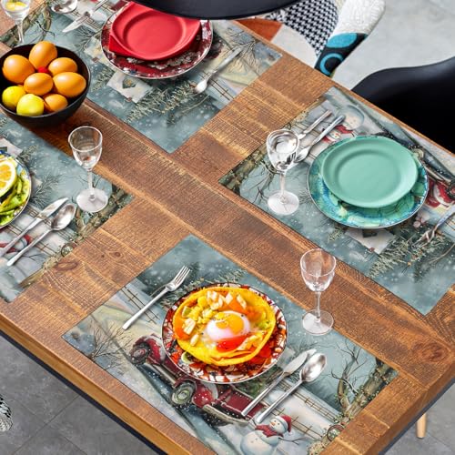 Red Truck Xmas Tree Snowman Christmas Placemats Set of 4 Winter Snowflake Vintage Farmhouse Rustic Place Mats 12x18 Inch Seasonal Christmas Holiday Washable Table Mats for Party Kitchen Dining Decor (4 Count)