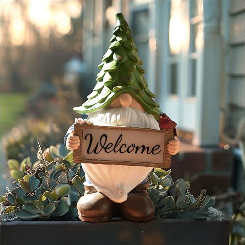 Solar Garden Gnome Statue with Welcome Sign