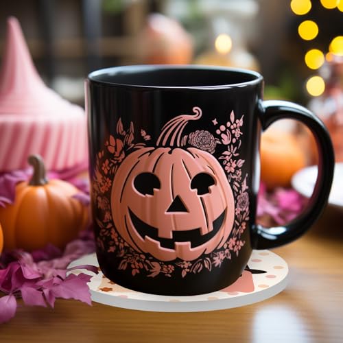4Pcs Halloween Coasters Pink Ghost Bat Pumpkin Ceramic Coasters Absorbent Cup Mat for Home Kitchen Office Party Table Decor (4 Count)