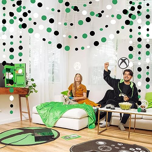 46 Ft Black Green Party Decorations Polka Dots Garlands Green and Black White Hanging Paper Circle Dots Streamer for Birthday Graduation Wedding Shower Soccer Video Game Party Decoration Supplies