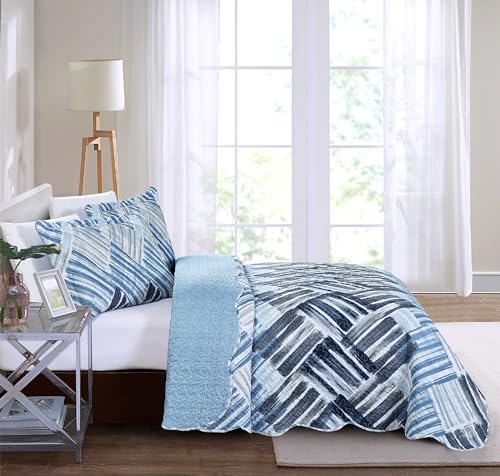 Blue Grey Stripes & Blocks Patchwork Quilt Set