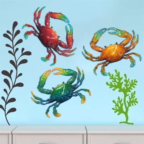Metal Crab Sea Wall Decor Outdoor Garden Hanging Art Sculptures Home Ocean Theme Decorations for Kitchen Bathroom and Pool (3 Count)