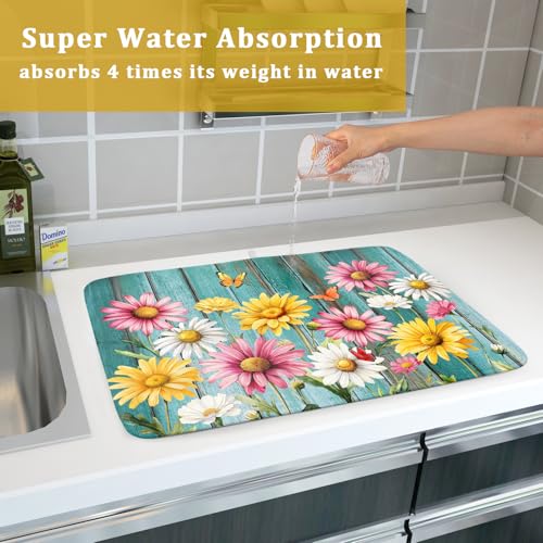 Farmhouse Flower Dish Drying Mat for Kitchen Counter Spring Summer Floral Country Super Absorbent Reversible Microfiber Kitchen Countertop Protector Dishes Pad Large 18x24 inch